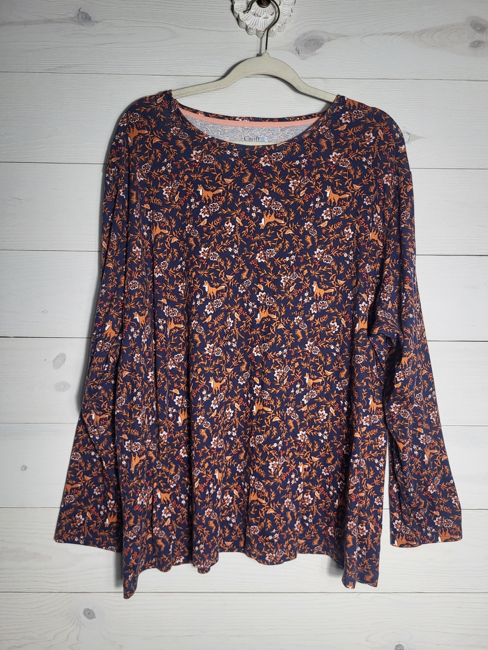 The Classic Tee Shirt Woodland Cotton Navy Fox Bird Floral Whimsical Fall